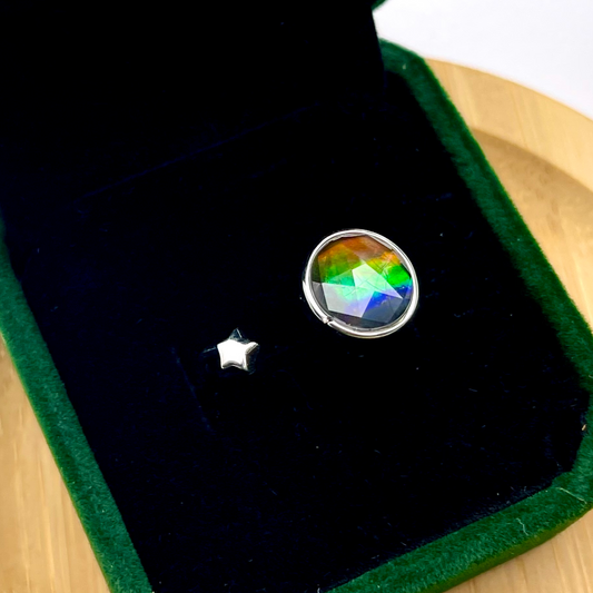 Canadian Ammolite Sterling Silver Star Open Ring Free Size – 9x9mm Multicolor Gem