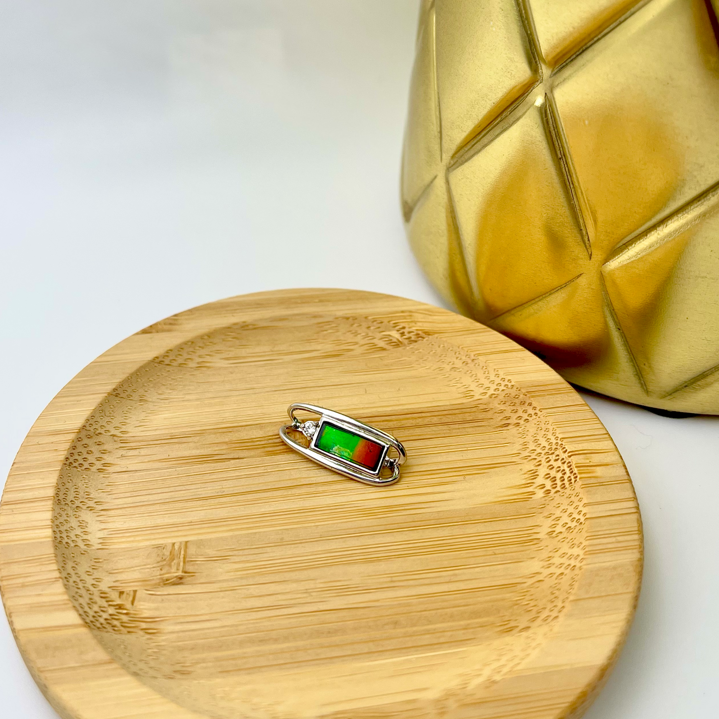 Genuine Canadian Ammolite 4x10 rectangular Sterling Silver Pendant with white Sapphire