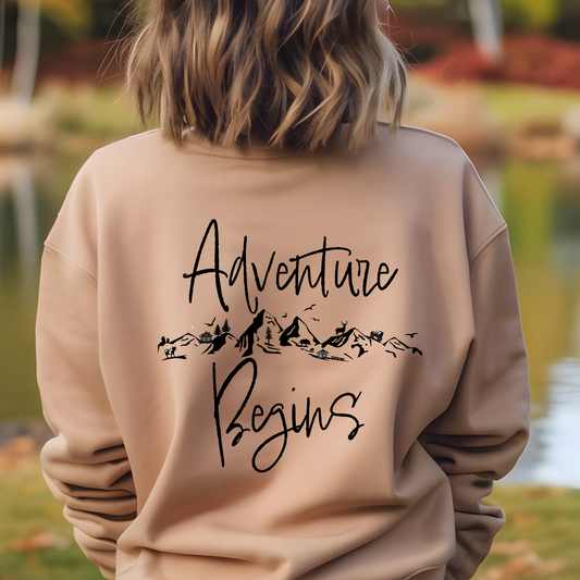Women's "Every Adventure Begins with" Front and Back Design Sweatshirt - Black