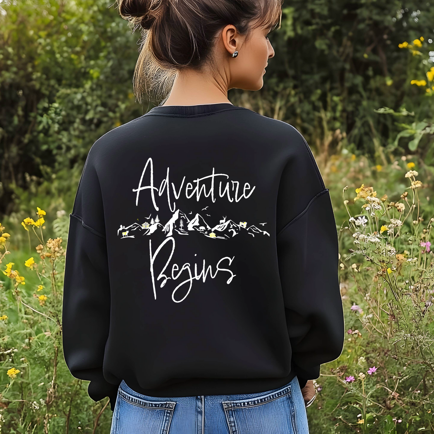 Women's "Every Adventure Begins with" Front and Back Design Sweatshirt - White